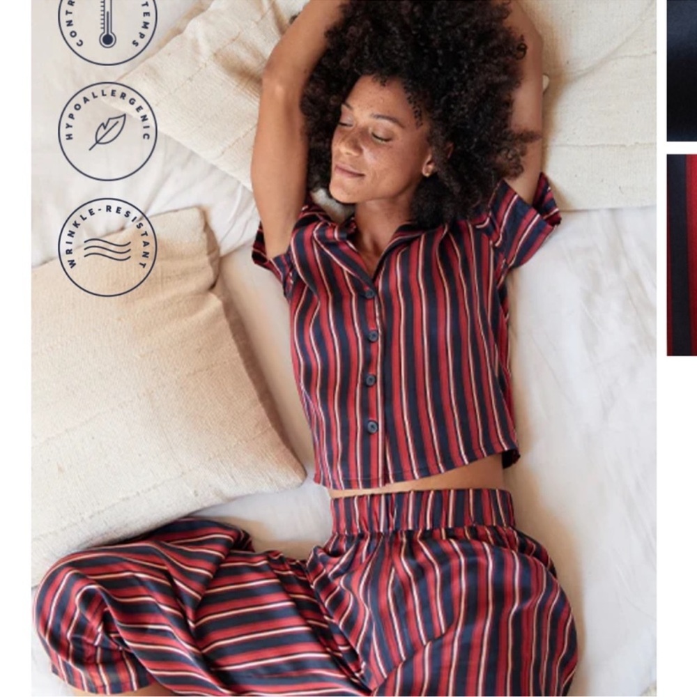 Marine Layer Silk Pajama Set striped elastic band button down red blue pink